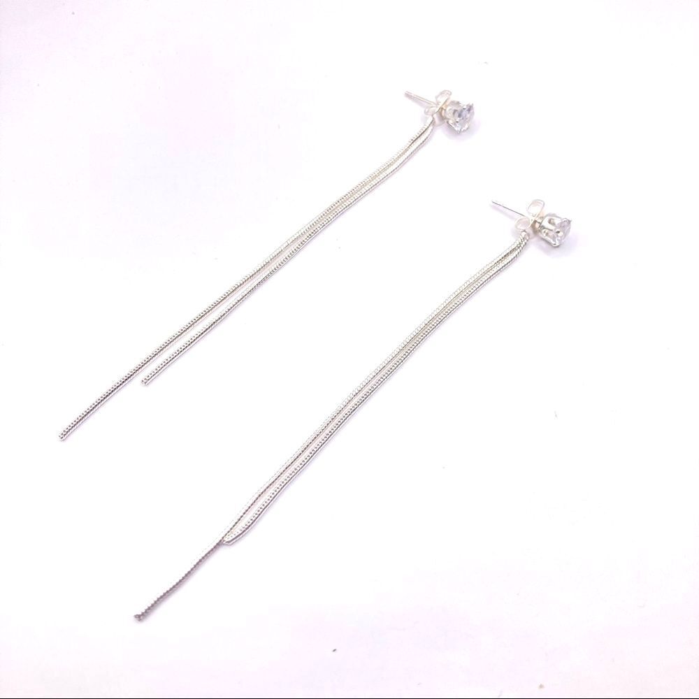 Sterling Silver Plated Long Tassel Chain Cubic Zirconia Stud Dangle Earrings
